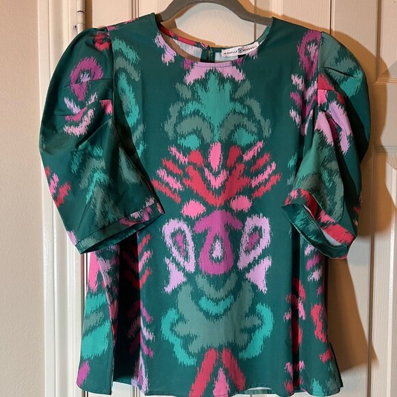 NWT Michelle McDowell Women's Green Abstract Ikat Print Puff Sleeve Blouse Mediu - Picture 1 of 3